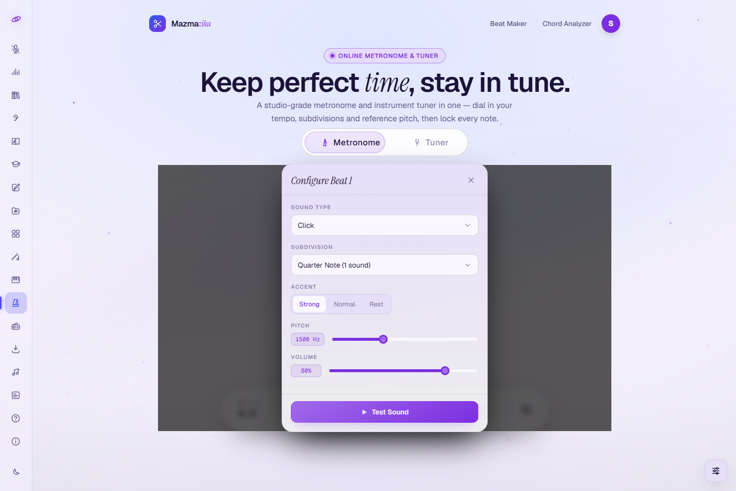 The Configure Beat dialog: a Sound Type dropdown (Click), a Subdivision dropdown (Quarter Note), an Accent choice (Strong / Normal / Rest), Pitch and Volume sliders, and a Test Sound button.