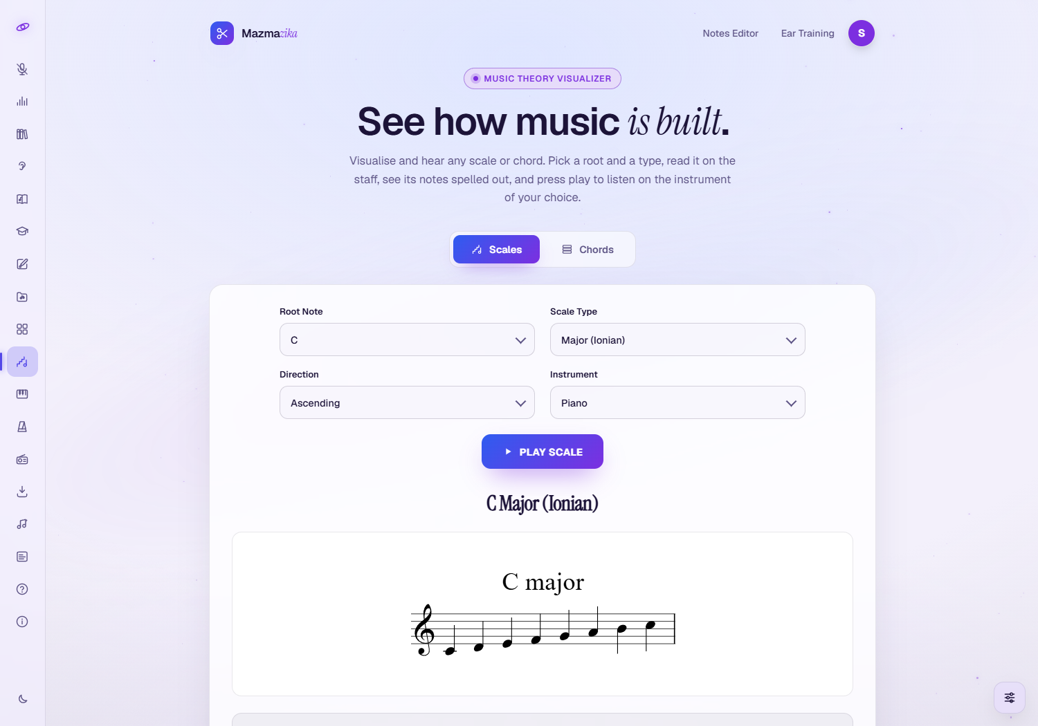The Scales tab: a hero 'See how music is built', a Scales/Chords toggle, dropdowns for Root Note (C), Scale Type (Major / Ionian), Direction (Ascending) and Instrument (Piano), a Play Scale button, the engraved 'C Major (Ionian)' staff, and a row of note chips (C D E F G A B C).