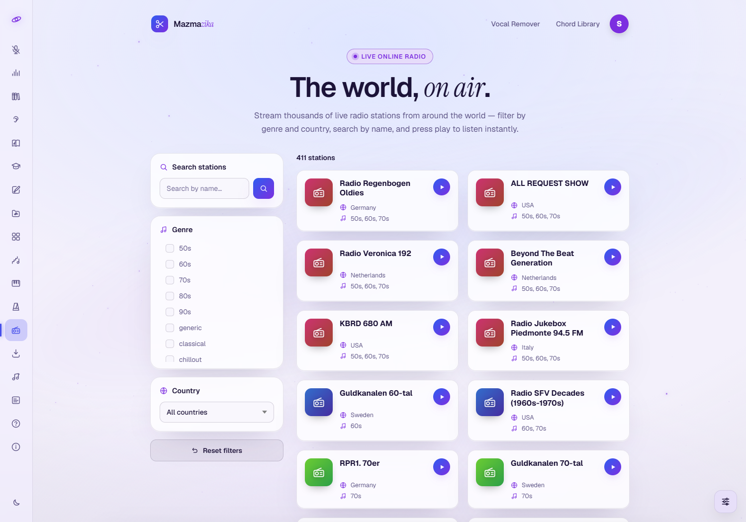 The Music Radios page: a hero 'The world, on air', a left panel with a station search box, a Genre checklist (50s, 60s, 70s, 80s, 90s, classical, chillout, pop, rock, hip-hop…), a Country dropdown and a Reset filters button, and a grid of station cards each with a name, location, genre tag and a play button.