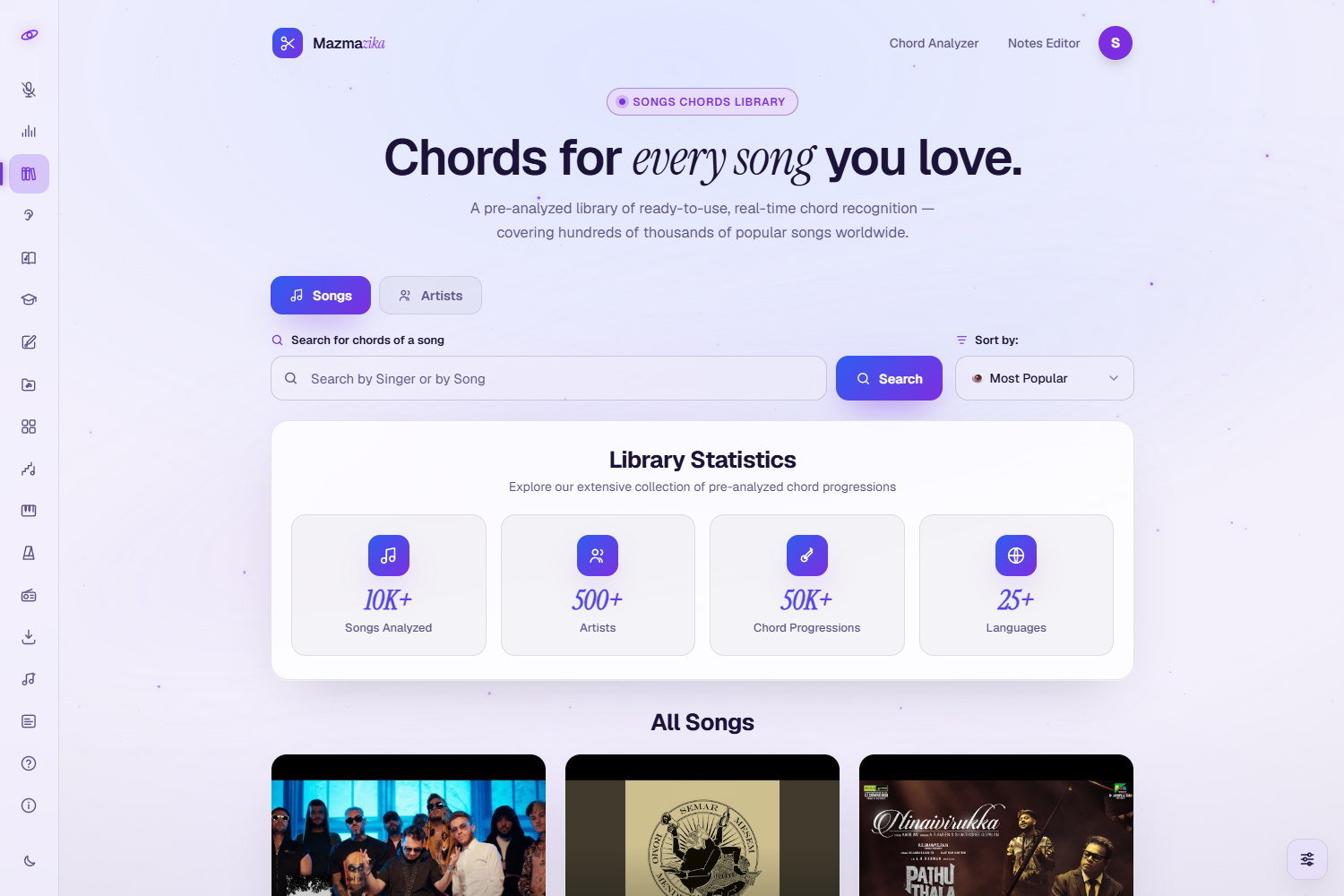 The Chords Library home on the Songs tab: a hero 'Chords for every song you love', Songs / Artists tabs, a search box with a sort control, Library Statistics (10K+ songs analyzed, 500+ artists, 50K+ chord progressions, 25+ languages), and an All Songs grid of song cards.