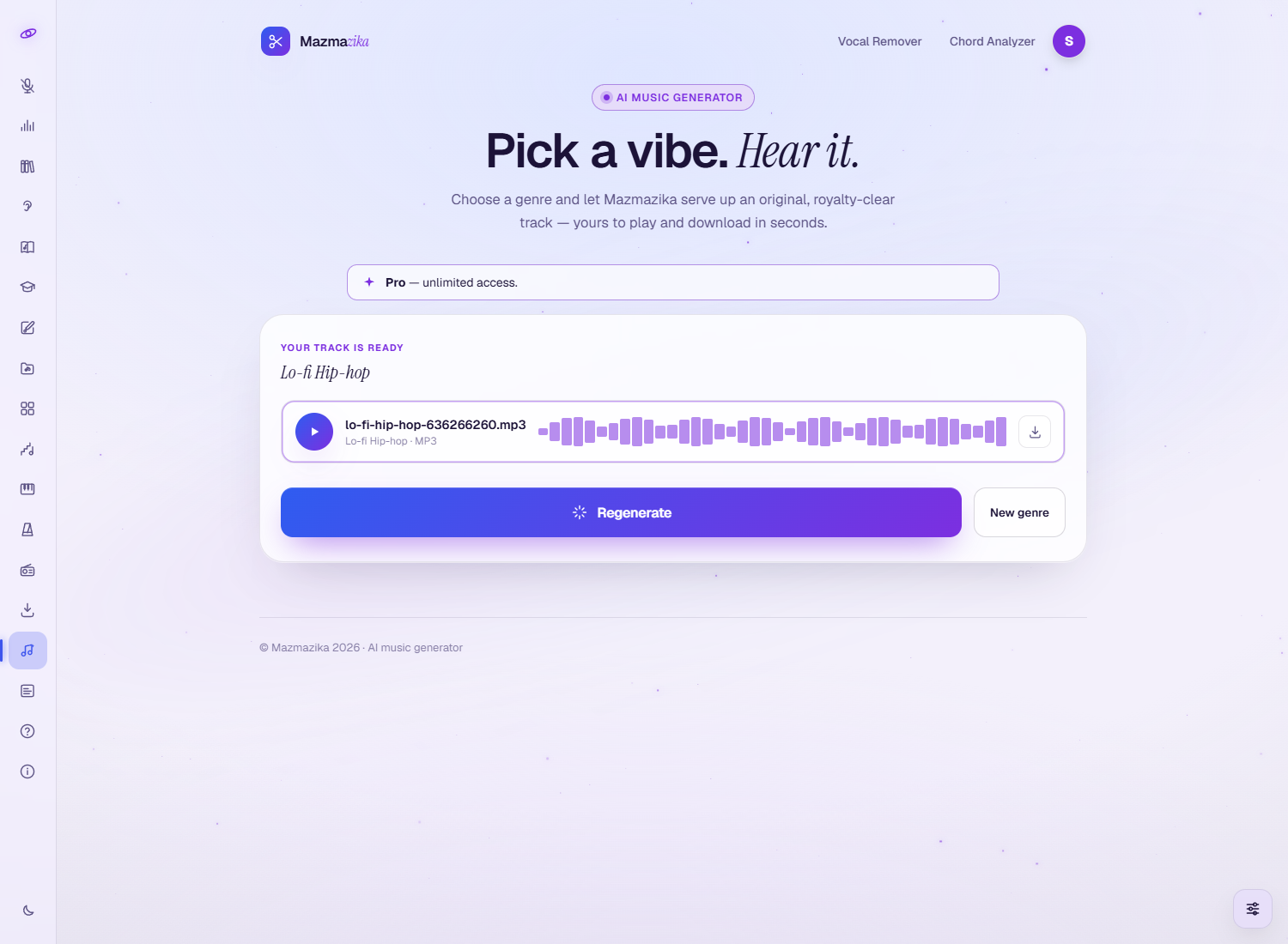 A generated track: a 'Your track is ready' player showing the genre (Lo-fi Hip-hop), a waveform with a play button and a download button, plus Regenerate and New genre buttons.