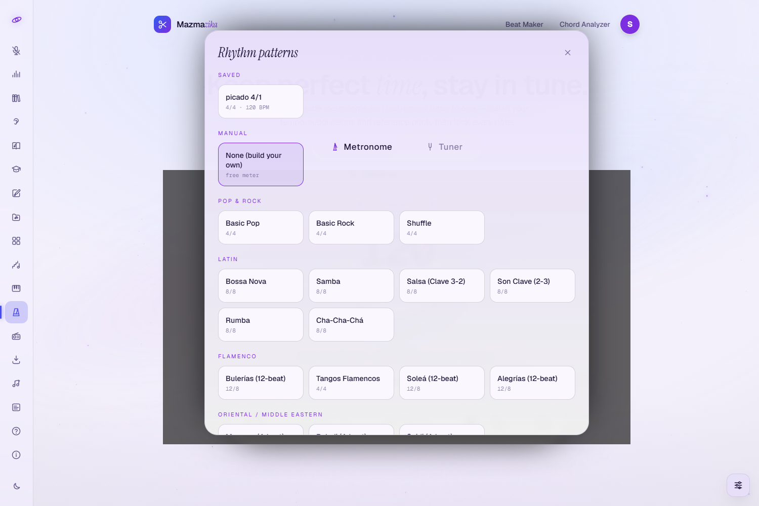 The Rhythm patterns sheet: a Saved group of your own presets, a Manual option (None — build your own), and preset groups for Pop & Rock, Latin, Flamenco and Oriental / Middle Eastern.