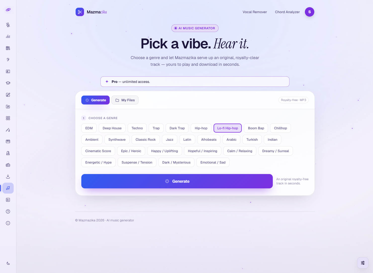 The Music Generator: a hero 'Pick a vibe. Hear it.', a plan bar, Generate / My Files tabs, a grid of genre and mood pills (EDM, Deep House, Techno, Trap, Hip-hop, Lo-fi Hip-hop, Jazz, Latin, Arabic, Cinematic Score, Happy / Uplifting, Calm / Relaxing and more) and a Generate button.