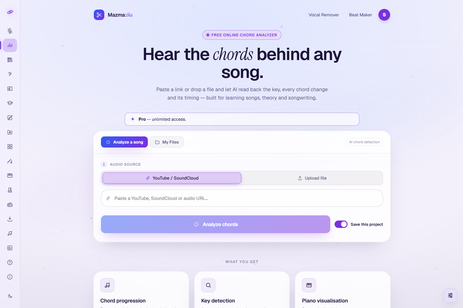 The Chord Analyzer input page: a hero reading 'Hear the chords behind any song', a plan bar, the Analyze a song / My Files tabs, an audio-source toggle (YouTube / SoundCloud or Upload file) with a link field, an Analyze chords button and a 'Save this project' toggle, plus 'what you get' cards.