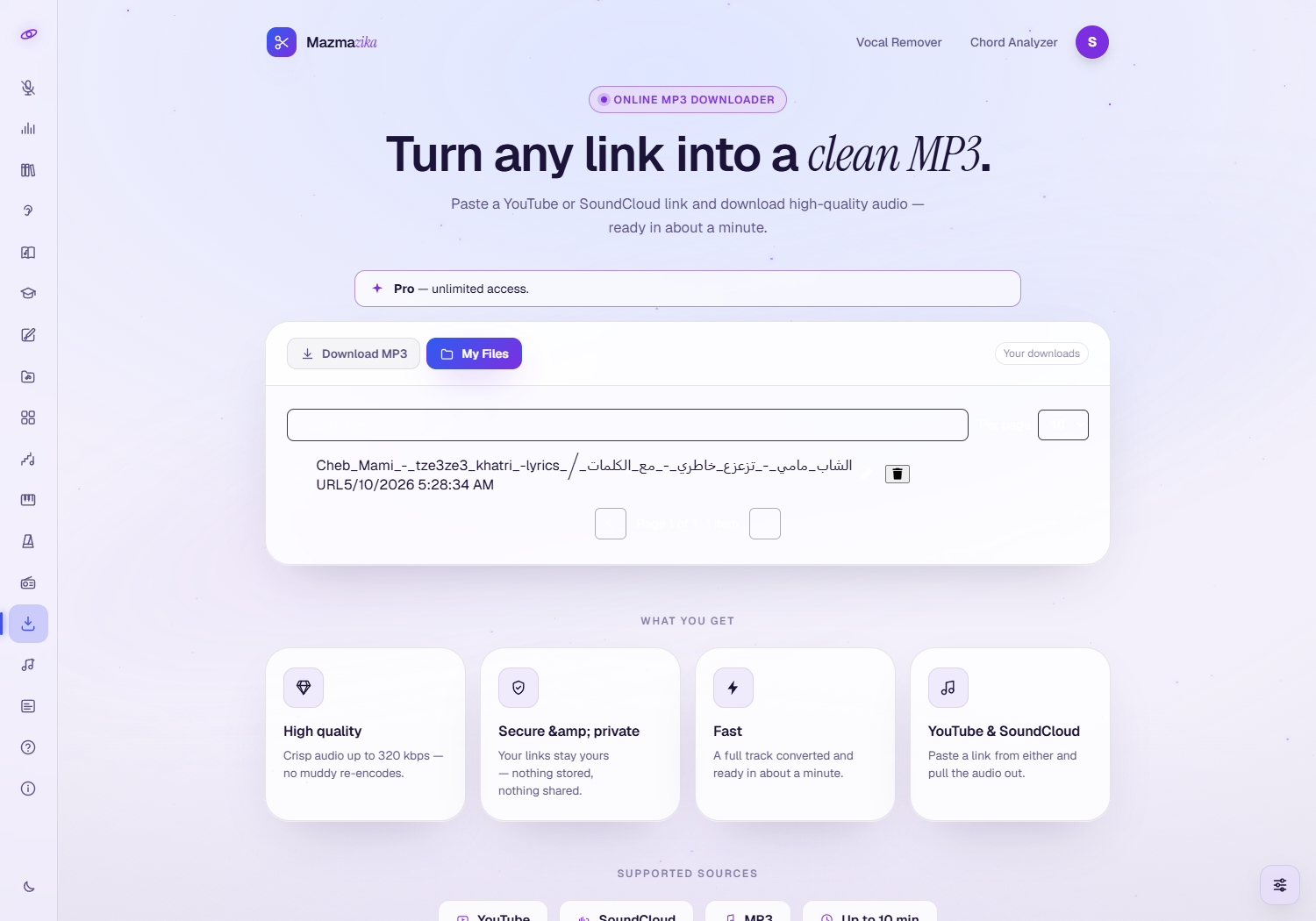 The My Files tab: a list of previously downloaded tracks, each showing its source link and date, with actions to re-download, rename and delete.