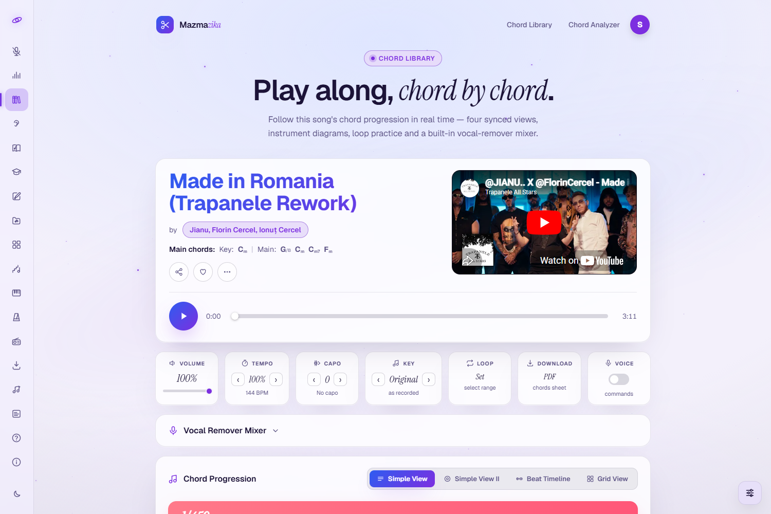 An interactive song page titled 'Play along, chord by chord': the song title, key and main chords, an embedded video player, a toolbar of seven tiles (Volume, Tempo, Capo, Key, Loop, Download and a Voice toggle), a collapsible Vocal Remover Mixer section, and the Chord Progression with Simple View, Simple View II, Beat Timeline and Grid View tabs.