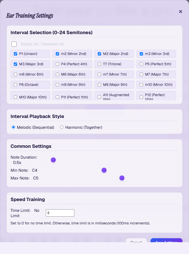 The Ear Training Settings dialog: an Interval Selection checklist (0–24 semitones) with a Select All / Deselect All box, an Interval Playback Style choice (Melodic (Sequential) or Harmonic (Together)), Common Settings sliders for note duration and min/max note, a Speed Training time limit, and Cancel / Save Settings buttons.