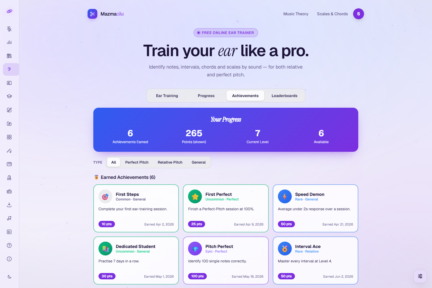 The Achievements tab: a 'Your Progress' banner with achievements earned, points and level, followed by a grid of earned achievement cards showing each badge's rarity.