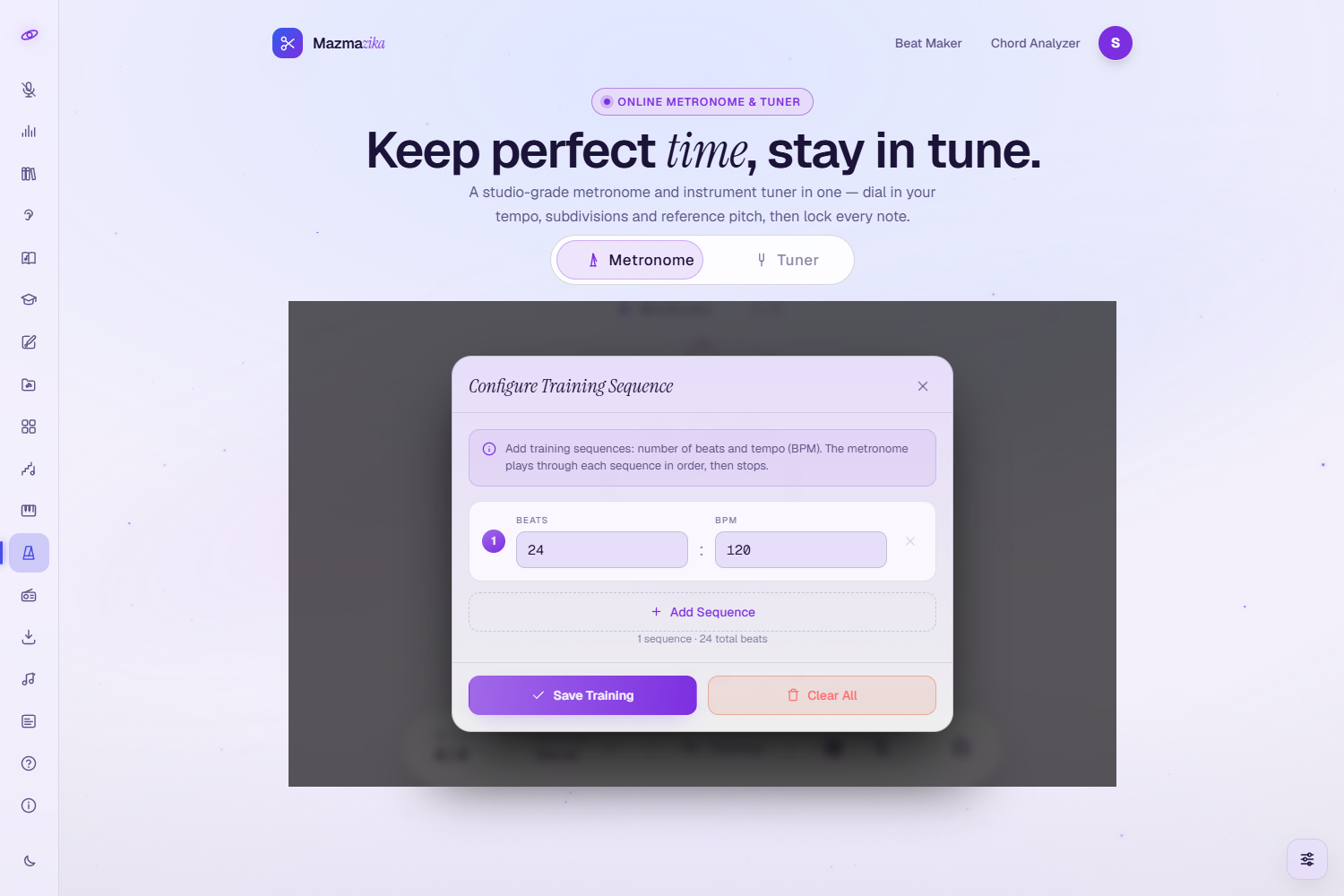The Configure Training Sequence dialog: rows of BEATS and BPM with an Add Sequence button, a summary of total beats, and Save Training and Clear All buttons.