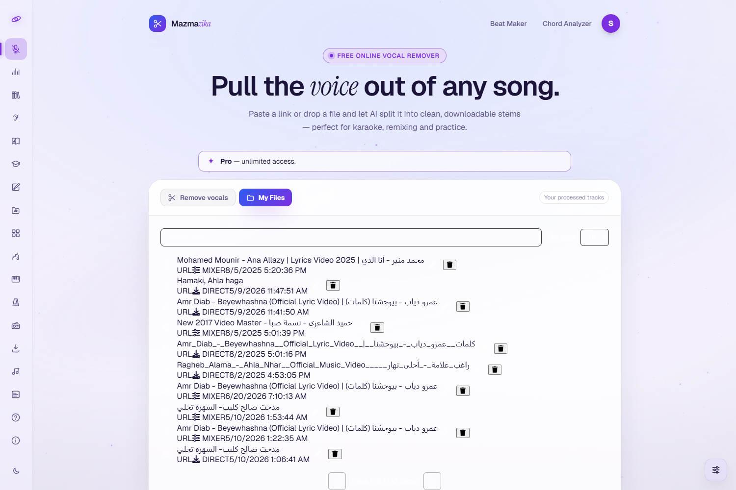 The My Files tab listing previously processed songs, each with its format, a MIXER or DIRECT badge and a date, plus actions to open, rename and delete.