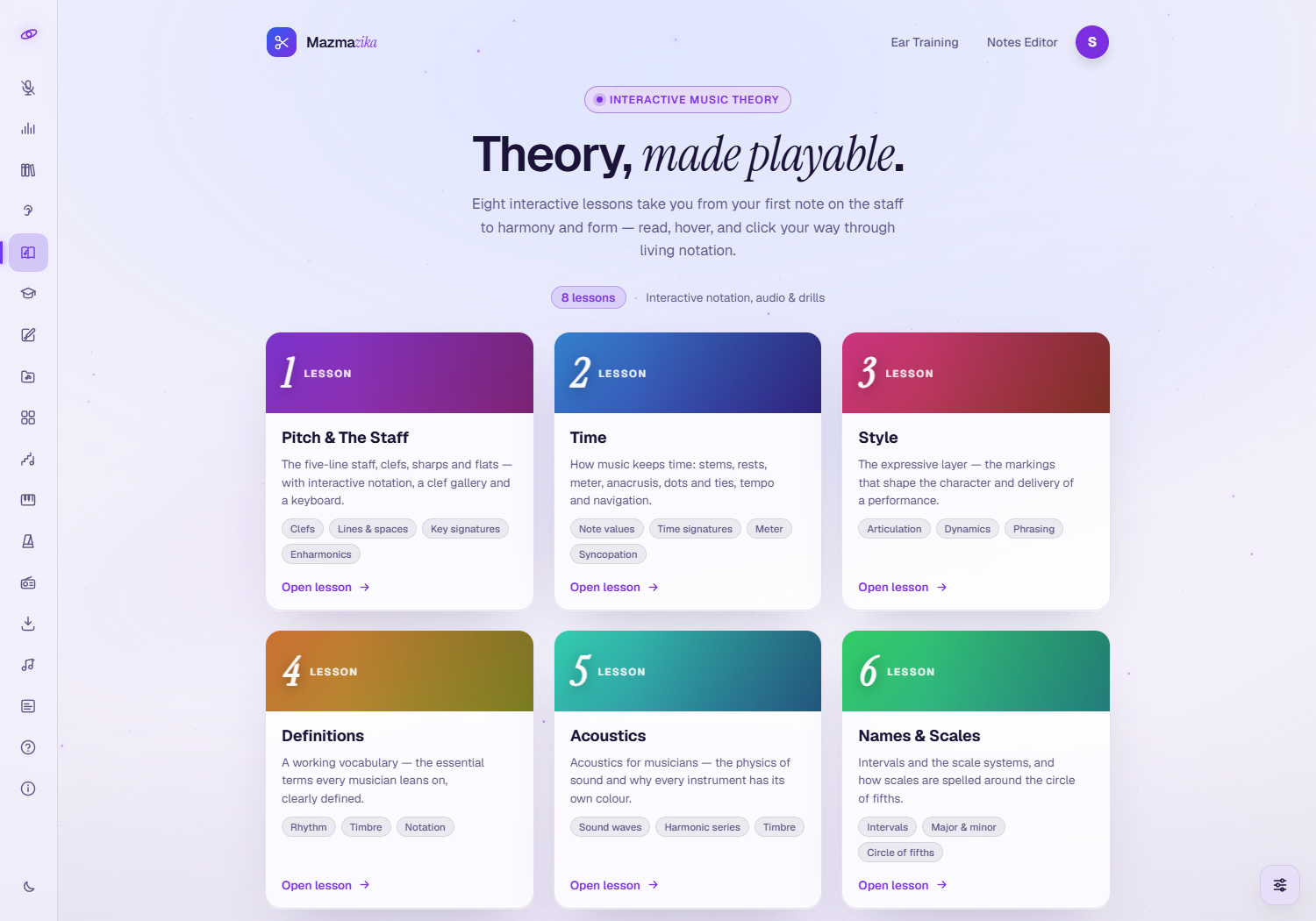 The Music Theory hub: a hero reading 'Theory, made playable.', an '8 lessons' label, and a grid of eight colourful numbered lesson cards (Pitch & The Staff, Time, Style, Definitions, Acoustics, Names & Scales, Harmony & Form, Challenges), each with a description, topic chips and an 'Open lesson' link.