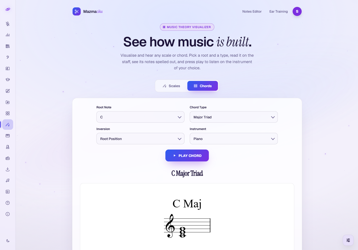 The Chords tab: dropdowns for Root Note (C), Chord Type (Major Triad), Inversion (Root Position) and Instrument (Piano), a Play Chord button, the engraved 'C Major Triad' staff, and the chord's note chips.