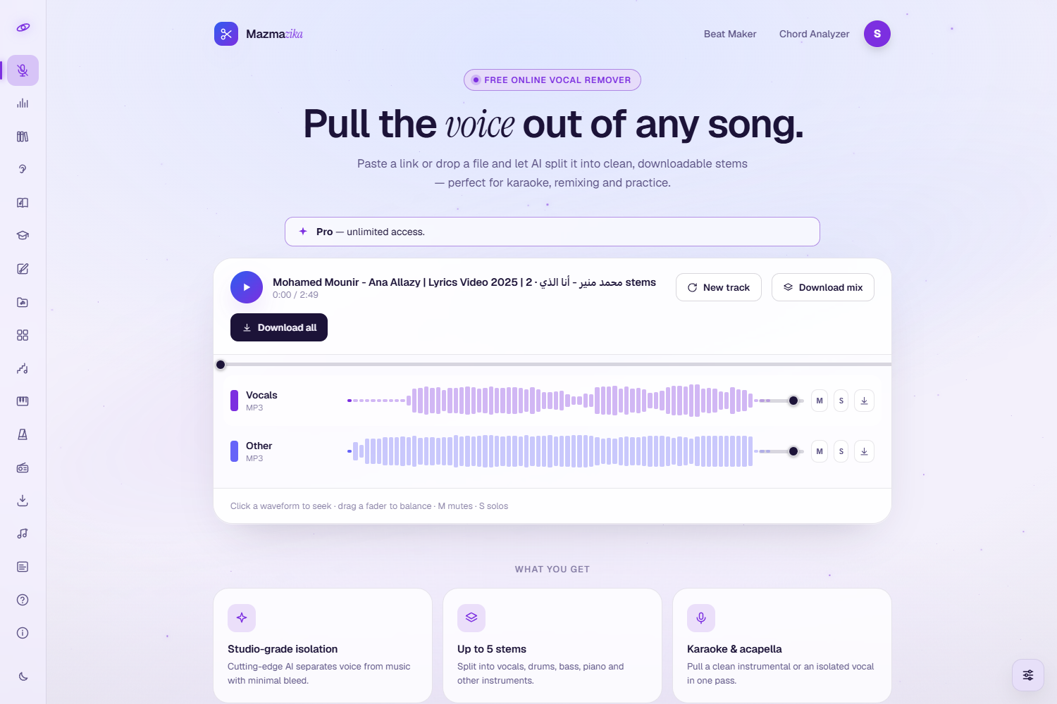 The Vocal Remover mixer inside the page: a 'Pro — unlimited access' bar, the song header with play button, title, elapsed and total time, New track, Download mix and Download all buttons, a seek bar, and per-track rows (Vocals, Other) each with a waveform, volume fader, M, S and a download button, above the hint 'Click a waveform to seek · drag a fader to balance · M mutes · S solos'.