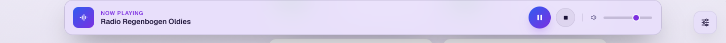 The Now Playing bar at the bottom of the page: the current station name (Radio Regenbogen Oldies), a pause button, a stop button and a volume slider.