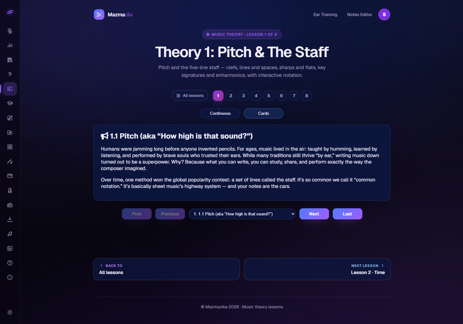 A lesson page: the title 'Theory 1: Pitch & The Staff', a row of numbered section tabs, the lesson text, Previous / Next navigation with a section picker, and links back to all lessons or on to the next lesson.