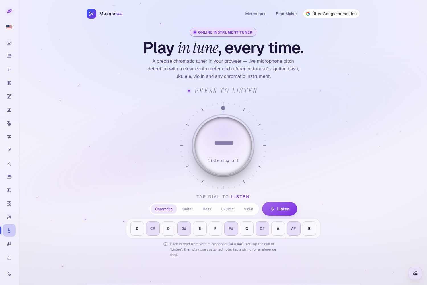The Instruments Tuner page: the badge “Online instrument tuner”, the heading “Play in tune, every time.”, the status “press to listen” above a large circular pitch dial reading “listening off”, the caption “tap dial to listen”, a row of instruments (Chromatic, Guitar, Bass, Ukulele, Violin) beside a purple Listen button, the twelve reference-tone keys from C to B, and the note that pitch is read from your microphone at A4 = 440 Hz.