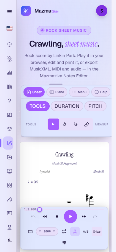 The Notes Editor on a phone: the hero, Sheet/Piano/Menu/Help pills, the tabbed palette (Tools, Duration, Pitch), the engraved score, and the compact two-row transport with time read-out and scrub bar.