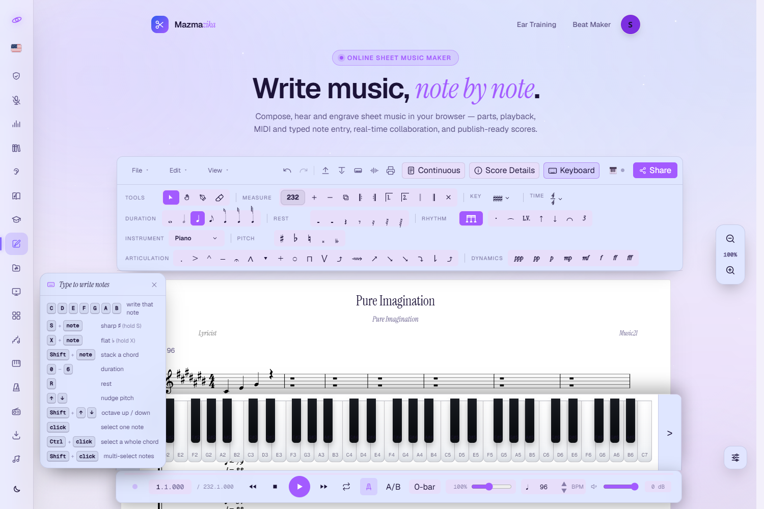 The Notes Editor with the on-screen piano dock open across the bottom — five octaves of clickable keys under the score, with the Keyboard pill active in the menu bar.