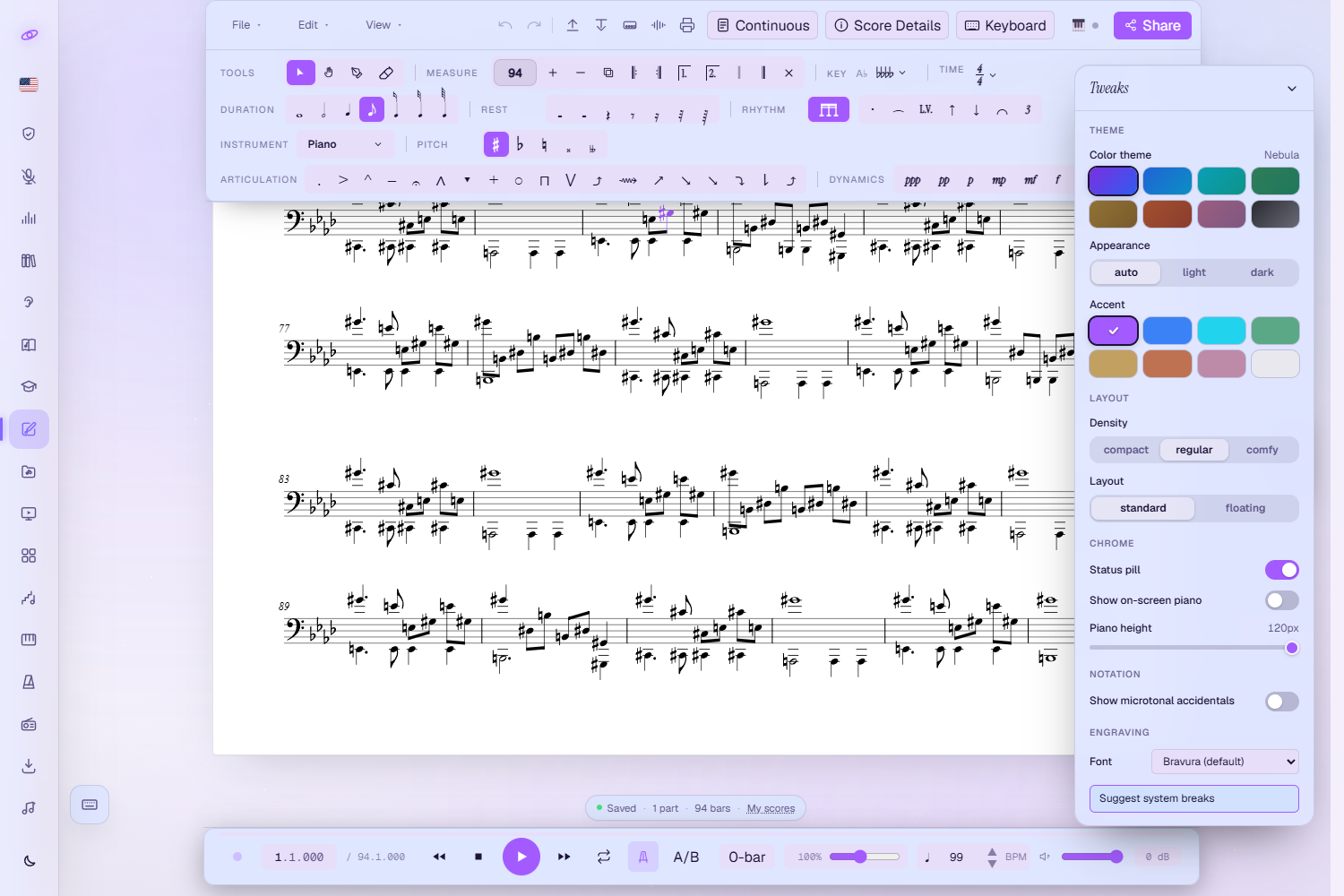 The Tweaks panel: Theme colour swatches (Nebula), Appearance auto/light/dark, Accent colours, Layout density compact/regular/comfy, standard/floating layout, Chrome toggles (status pill, on-screen piano, piano height), Notation (show microtonal accidentals) and Engraving font (Bravura) with Suggest system breaks.