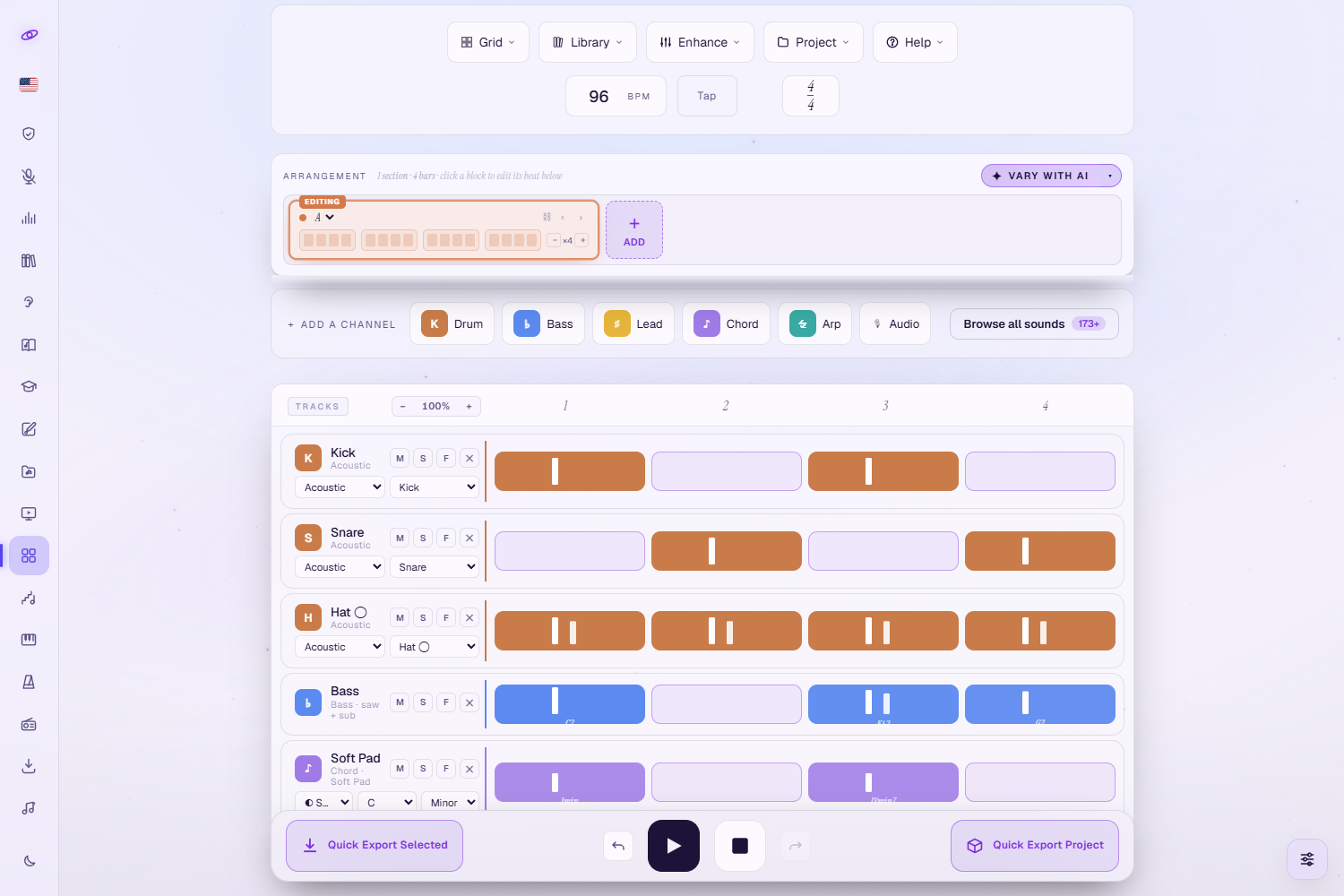 The Beat Maker studio: a top toolbar with Grid, Library, Enhance, Project and Help menus plus BPM, Tap and time-signature controls; an Arrangement strip with a Vary with AI button; a row of Add-a-channel chips (Drum, Bass, Lead, Chord, Arp, Audio, Browse all sounds); the step sequencer with Kick, Snare, Hat, Bass and Soft Pad channels; and a floating transport bar with Quick Export, Undo, Play, Stop and Redo buttons.