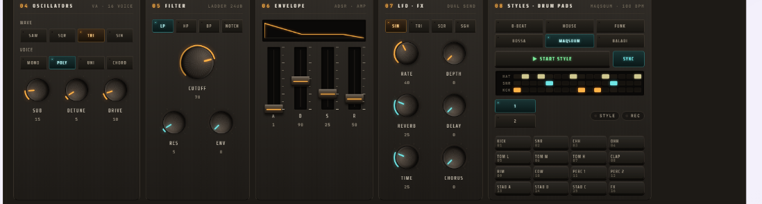 The synth row: 04 OSCILLATORS (VA · 16 VOICE) with the wave choice SAW / SQR / TRI / SIN, the voice choice MONO / POLY / UNI / CHORD and the Sub, Detune and Drive knobs; 05 FILTER (LADDER 24dB) with LP / HP / BP / NOTCH, a large Cutoff knob at 78 and the Res and Env knobs; 06 ENVELOPE (ADSR · AMP) with its curve above the A, D, S and R faders; 07 LFO · FX (DUAL SEND) with the shapes SIN / TRI / SQR / S&H and the Rate, Depth, Reverb, Delay, Time and Chorus knobs; and 08 STYLES · DRUM PADS with the styles 8-Beat, House, Funk, Bossa, Maqsoum and Baladi, a START STYLE button, SYNC, a three-lane step pattern for hat, snare and kick, and a grid of sixteen drum pads.