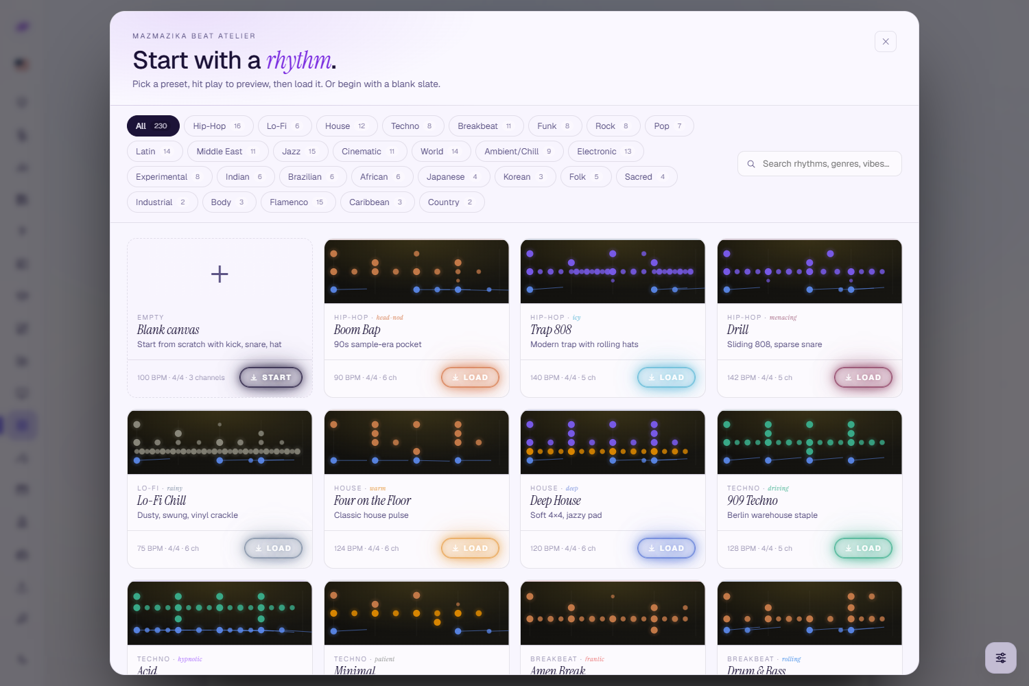The 'Start with a rhythm' preset launcher: genre filter chips (All 230, Hip-Hop, Lo-Fi, House, Techno, Breakbeat, Funk, Rock, Pop, Latin, Middle East, Jazz and more), a search box, and a grid of preset cards (Blank canvas, Boom Bap, Trap 808, Drill, Lo-Fi Chill, Four on the Floor, Deep House, 909 Techno) each with a mini step-pattern preview, BPM info and a Load button.
