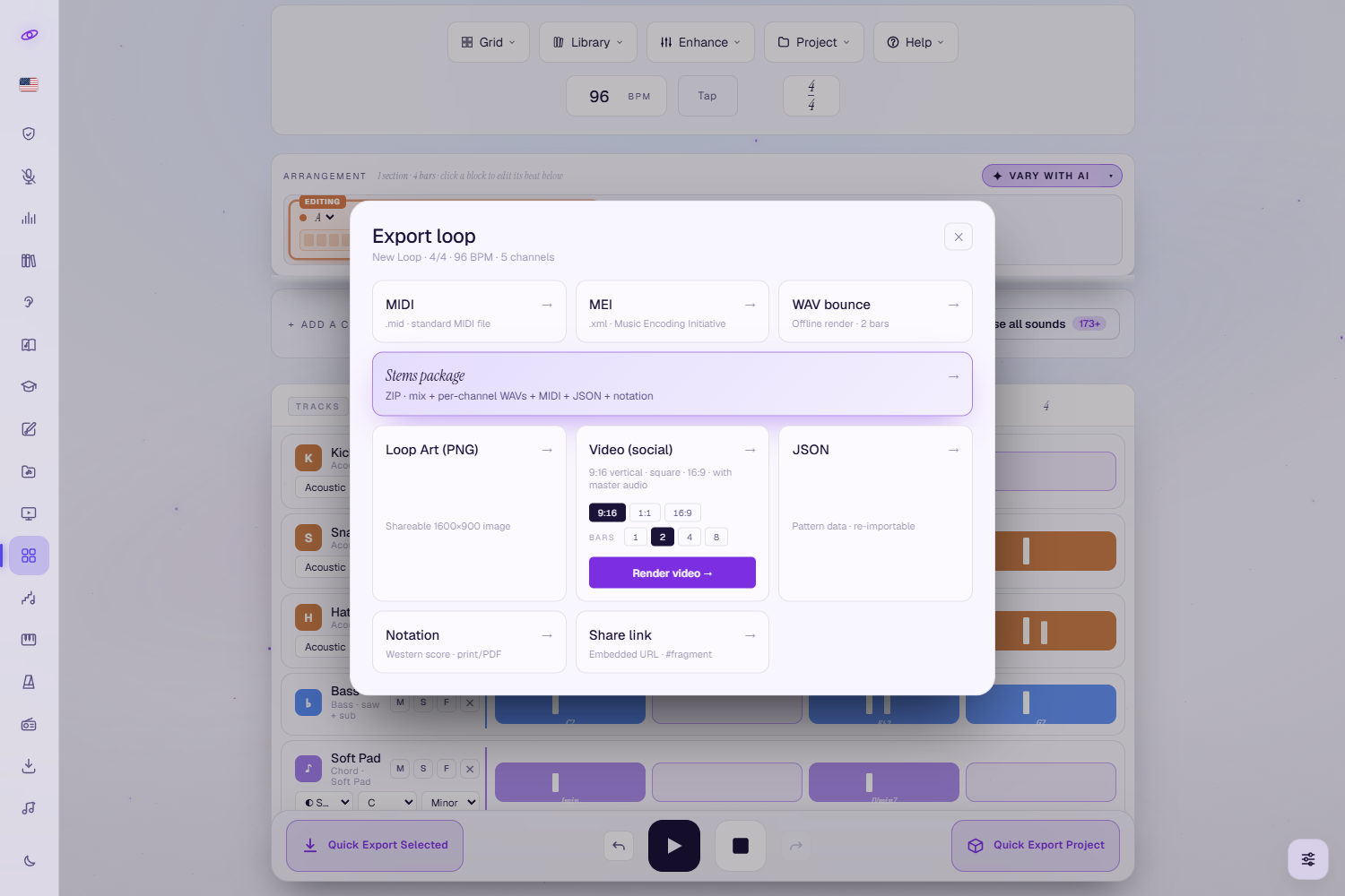 The Export platform modal titled 'Export loop' with cards for MIDI, MEI, WAV bounce, a featured Stems package (ZIP with mix, per-channel WAVs, MIDI, JSON and notation), Loop Art (PNG), Video (social) with 9:16 / 1:1 / 16:9 aspect and bar-count options plus a Render video button, JSON, Notation and Share link.