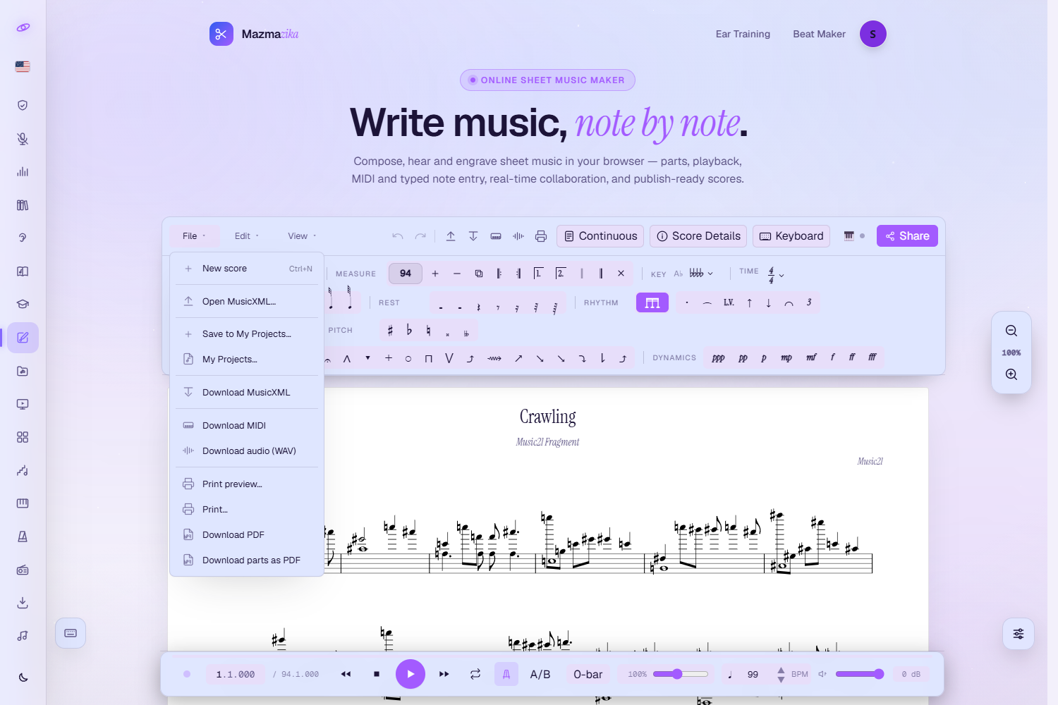 The File menu open: New score (Ctrl+N), Open MusicXML…, Save to My Projects…, My Projects…, Download MusicXML, Download MIDI, Download audio (WAV), Print preview…, Print…, Download PDF, and Download parts as PDF.