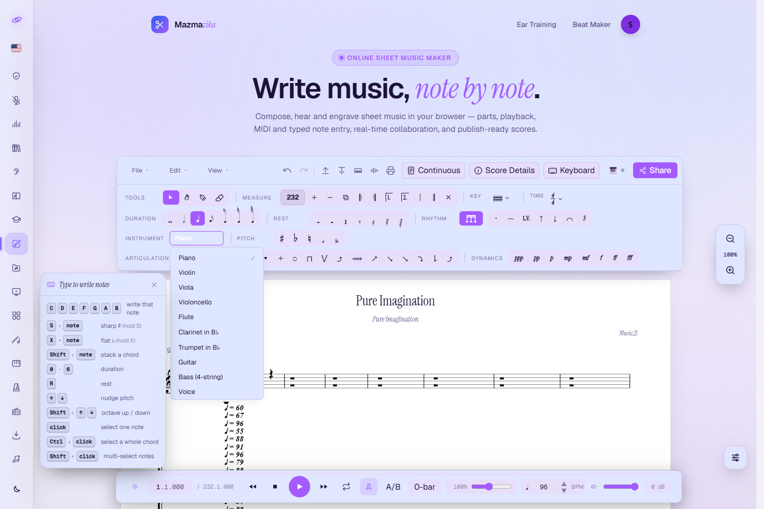 The Instrument picker open in the palette, listing Piano (checked), Violin, Viola, Violoncello, Flute, Clarinet in B♭, Trumpet in B♭, Guitar, Bass (4-string) and Voice.