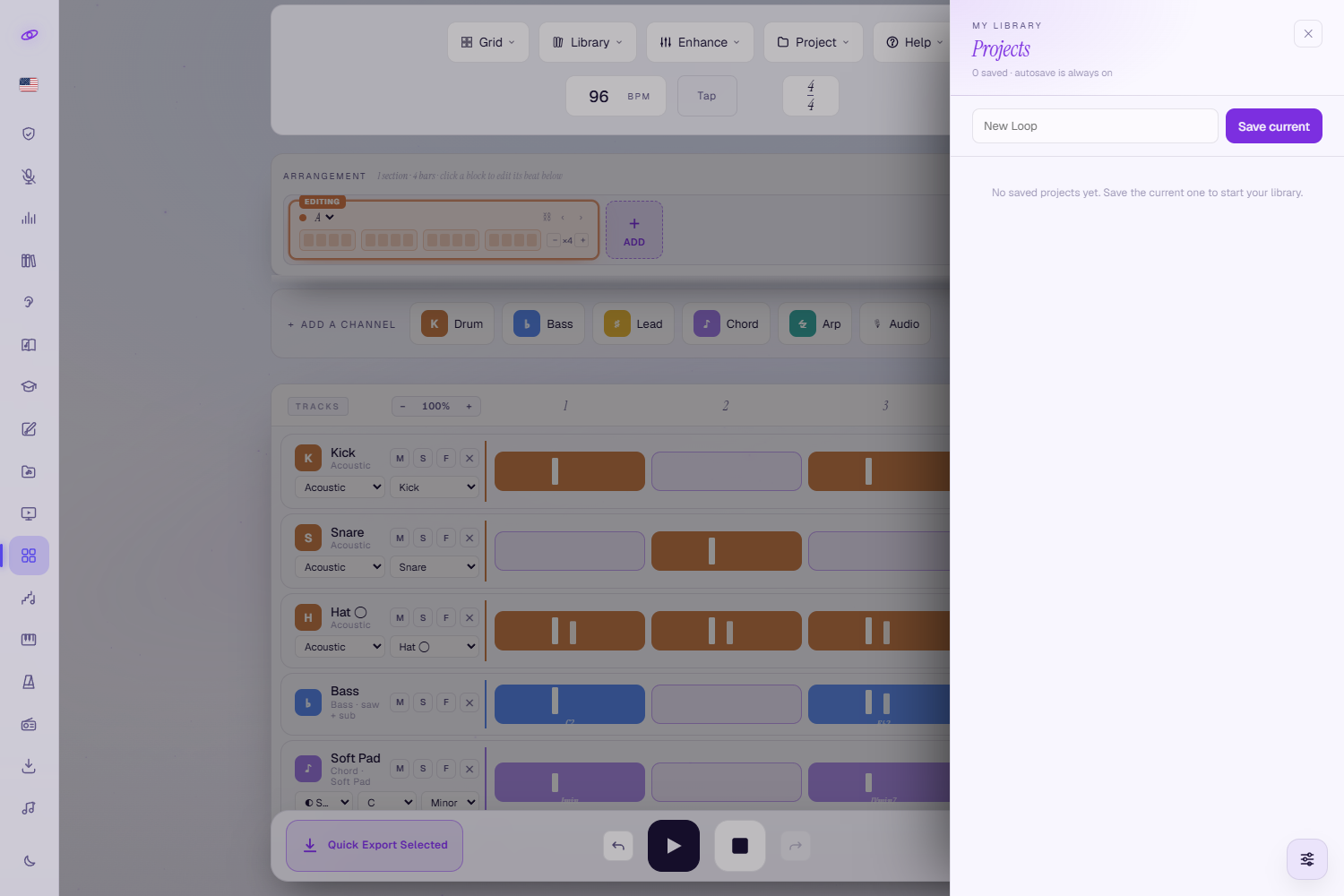 The My Projects drawer open on the right: 'My Library — Projects, 0 saved · autosave is always on', a name field with a Save current button, and the saved-projects list area.