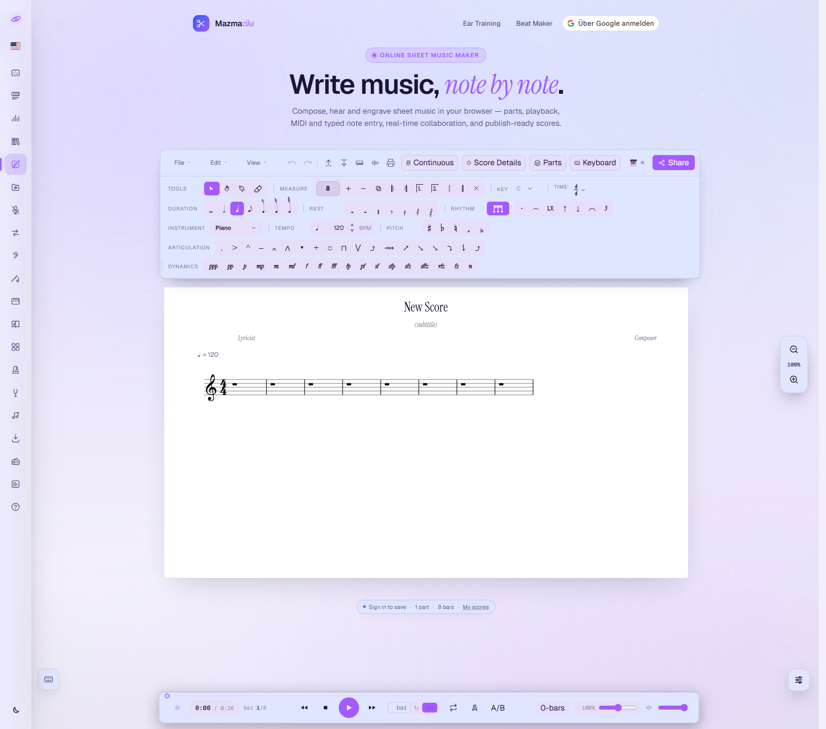 The Notes Editor: menu bar with File, Edit and View, undo/redo and import/export icons, Continuous, Score Details, Parts, Keyboard and Share; the palette rows (Tools, Measure, Key, Time, Duration, Rest, Rhythm, Instrument, Tempo, Pitch, Articulation, Dynamics); an eight-bar engraved score headed New Score; the floating zoom control; the status pill reading 'Sign in to save · 1 part · 8 bars · My scores'; and the transport bar.
