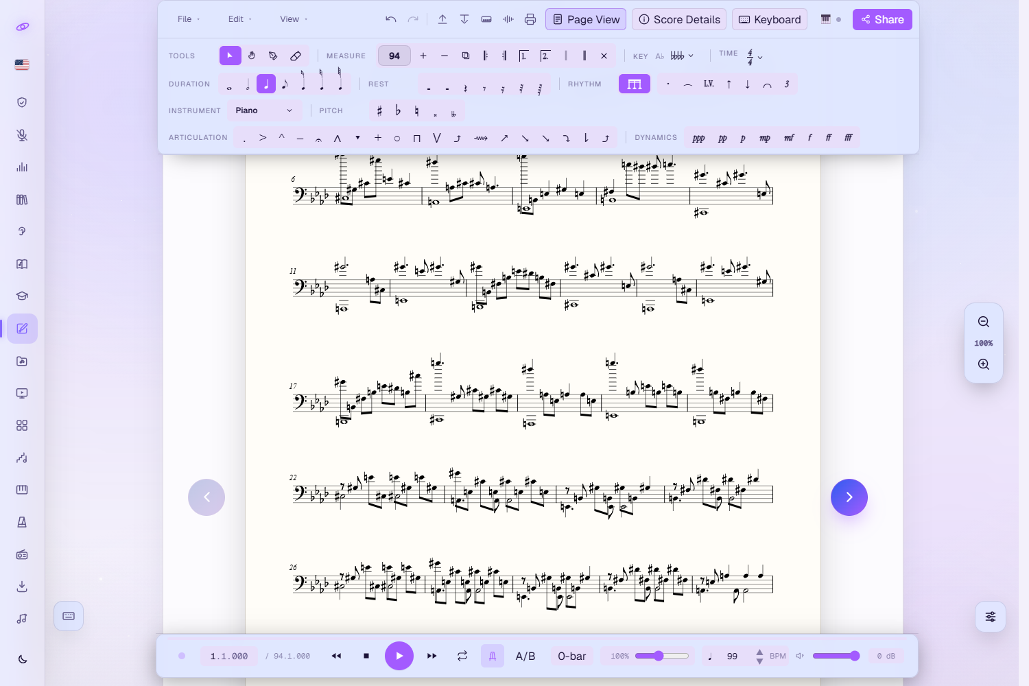 Page view: an A4 page of engraved music with the Page view pill active in the menu bar, round previous/next page arrows on both sides, and the floating zoom control on the right.