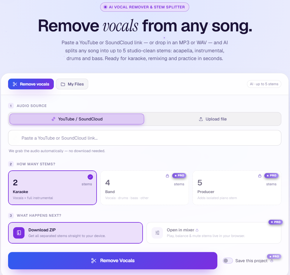 The Vocal Remover input page: the hero 'Remove vocals from any song.', the Remove vocals / My Files tabs with an 'AI · up to 5 stems' chip, step 1 Audio source (YouTube / SoundCloud selected, or Upload file) with a link field, step 2 'How many stems?' showing 2 Karaoke selected and 4 Band and 5 Producer locked with padlocks and ★ PRO pills, step 3 'What happens next?' showing Download ZIP selected and Open in mixer locked, and the Remove Vocals button beside a locked 'Save this project' toggle.
