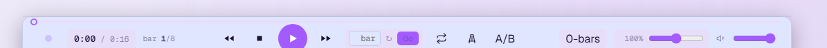 The transport bar: the position read-out 0:00 / 0:16 and bar 1/8, rewind, stop, play and forward buttons, a bar field with a Go button, loop, metronome, A/B loop, a 0-bars count-in, a 100% speed slider and a volume slider.
