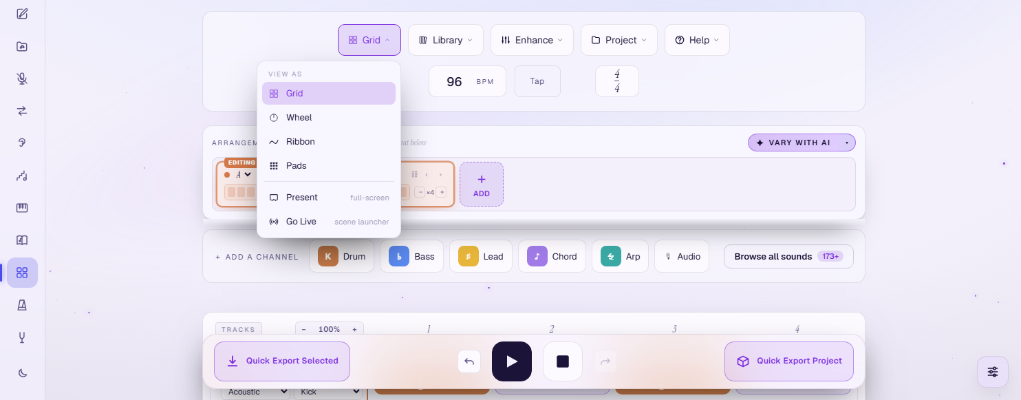 The view menu open over the studio, listing Grid, Wheel, Ribbon and Pads under 'View as', plus Present (full-screen) and Go Live (scene launcher) below a divider.