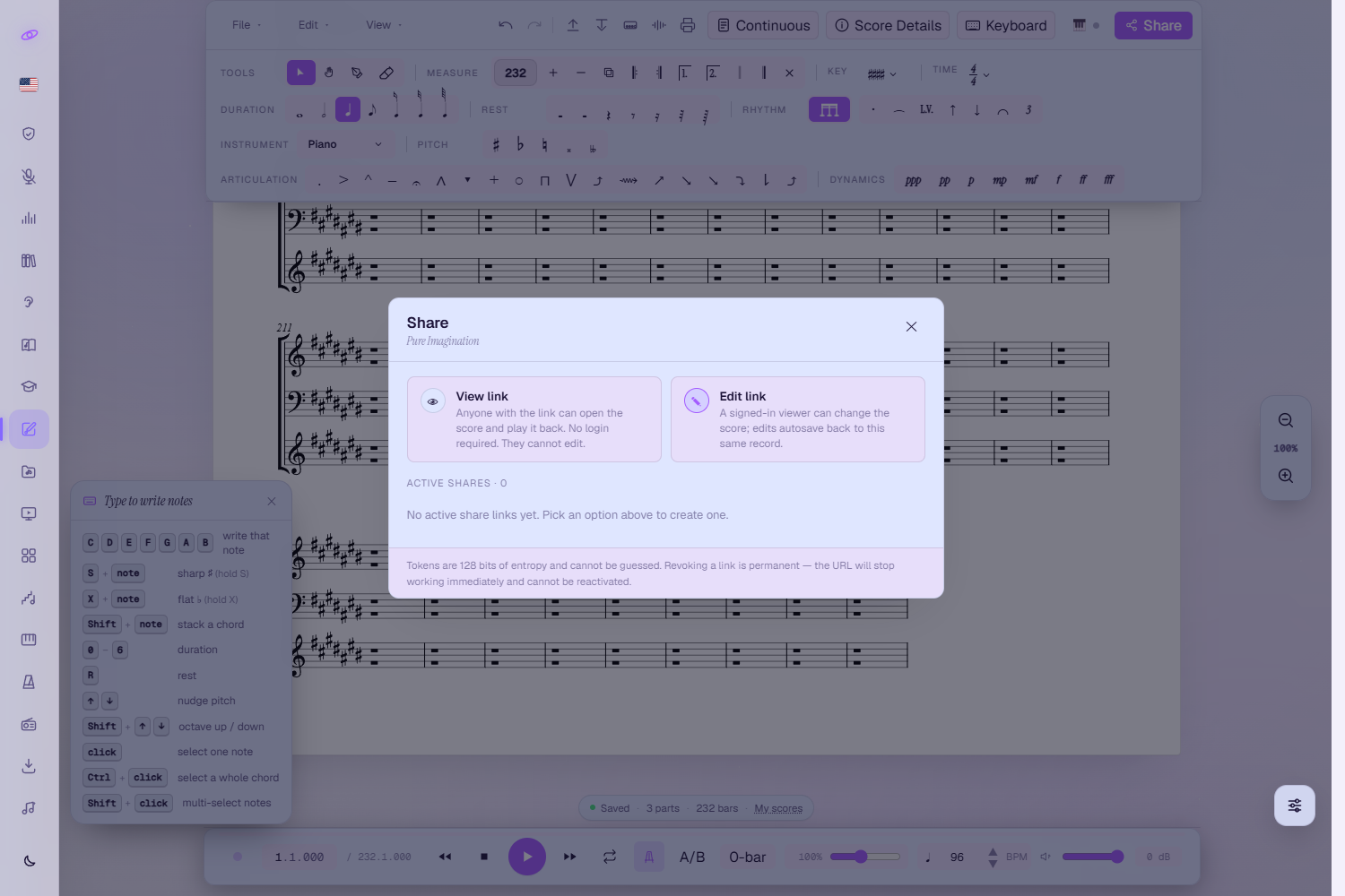 The Share dialog for a score: a View link card (anyone with the link can open and play it back, no login, cannot edit) and an Edit link card (a signed-in viewer can change the score; edits autosave back to the same record), plus an active-shares list and a note that tokens cannot be guessed and revoking is permanent.