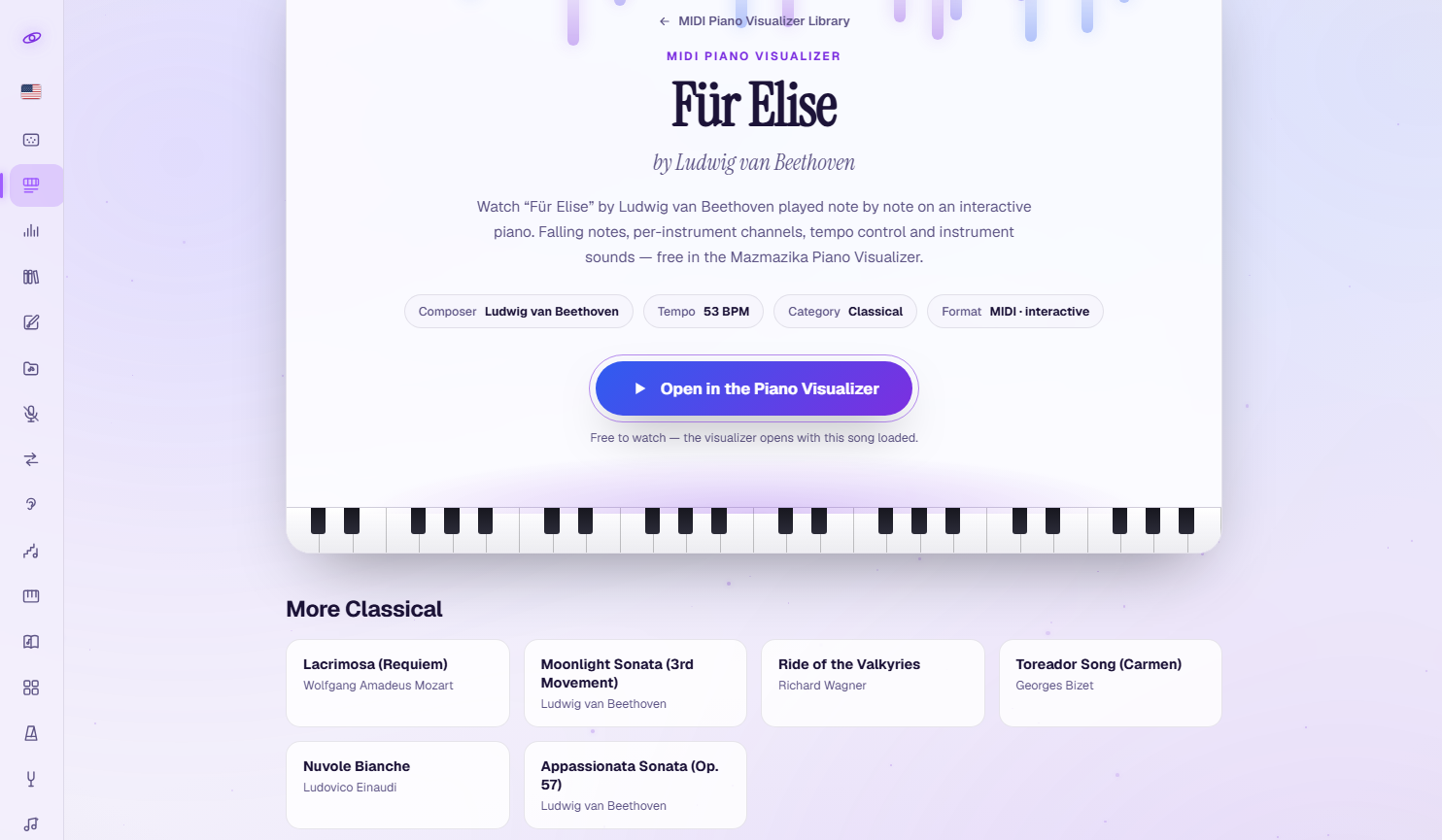 The song page for Für Elise: a back link to the MIDI Piano Visualizer Library, the eyebrow 'MIDI PIANO VISUALIZER', the title 'Für Elise' with 'by Ludwig van Beethoven' beneath it, a short description, four metadata chips (Composer, Tempo 53 BPM, Category Classical, Format MIDI · interactive), a large 'Open in the Piano Visualizer' button with the note 'Free to watch — the visualizer opens with this song loaded', a piano-keyboard illustration, and a 'More Classical' row of six related pieces.
