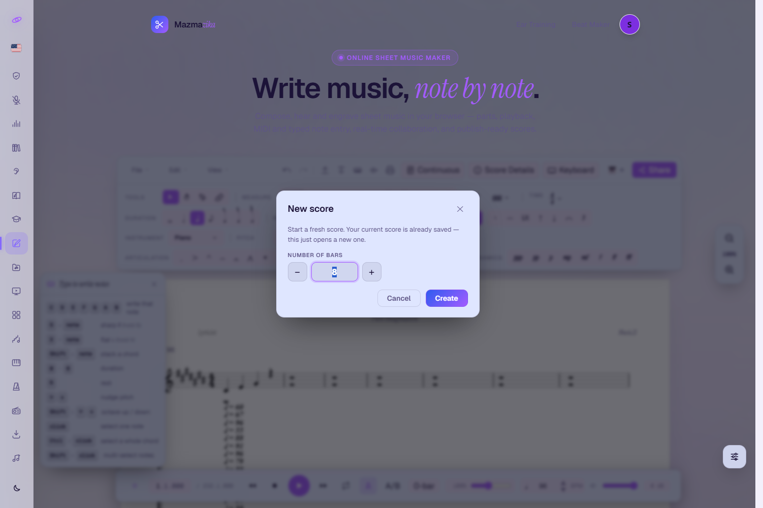 The New score dialog: 'Start a fresh score. Your current score is already saved — this just opens a new one', a NUMBER OF BARS stepper set to 8, and Cancel / Create buttons.