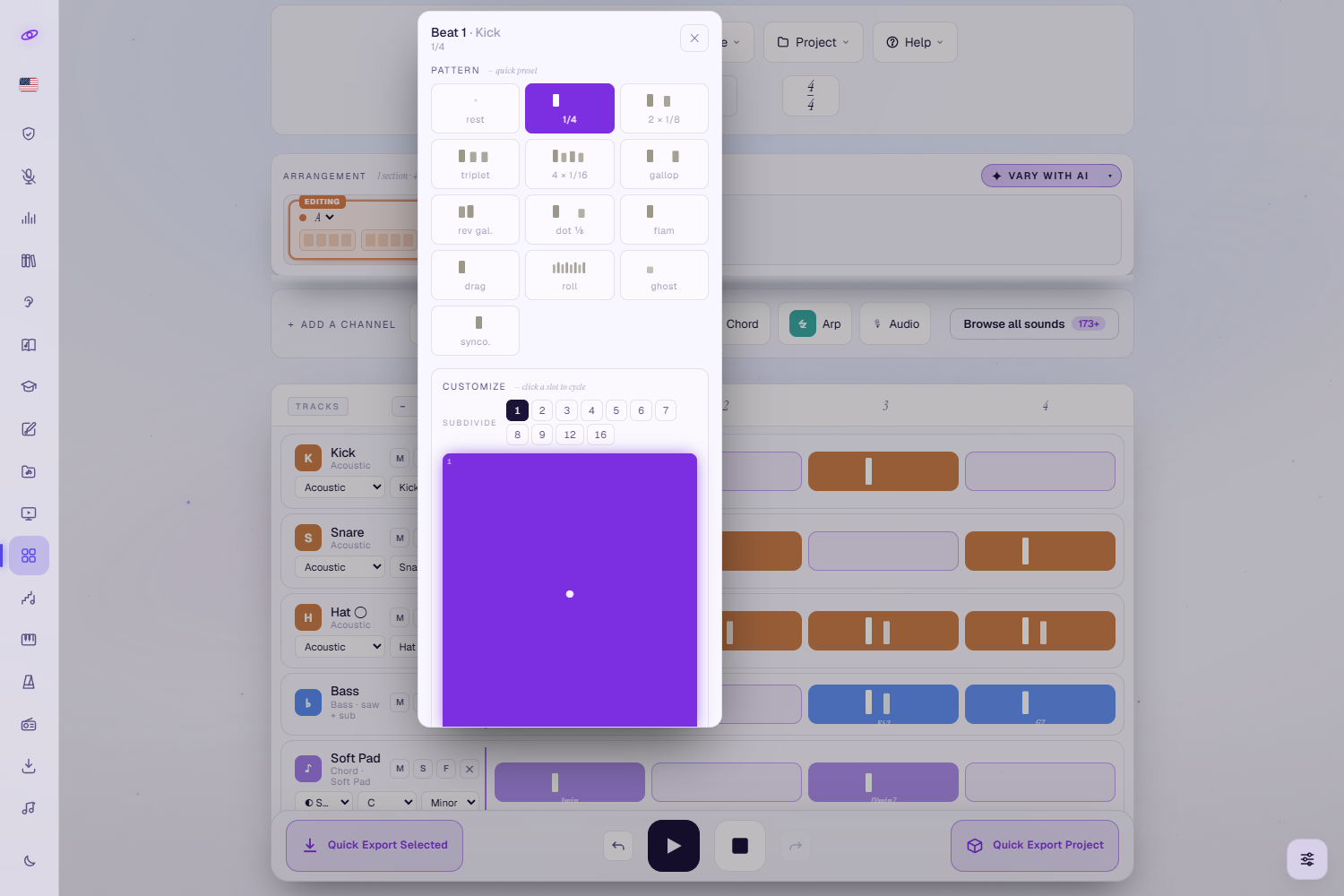 The cell editor popover open on Beat 1 of the Kick channel: a Pattern section with quick presets (rest, 1/4, 2 × 1/8, triplet, 4 × 1/16, gallop, reverse gallop, dotted 1/8, flam, drag, roll, ghost, syncopate), and a Customize section with SUBDIVIDE chips 1 to 9, 12 and 16 above a large editable beat slot.