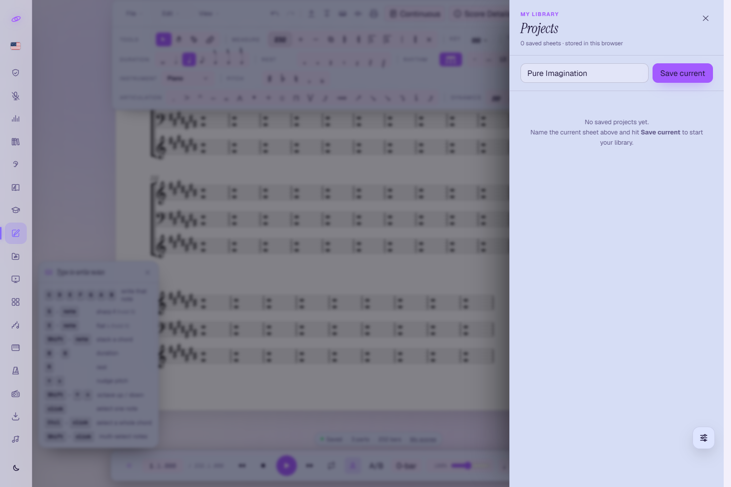 The My Projects drawer: 'My Library — Projects, 0 saved sheets · stored in this browser', a name field with a Save current button, and a hint to name the current sheet to start your library.