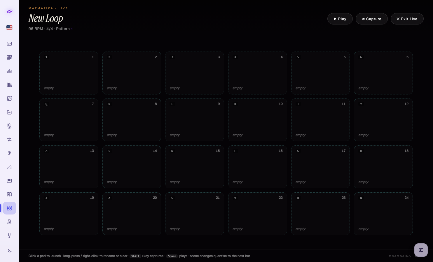 Go Live: a full-screen dark scene launcher headed 'MAZMAZIKA · LIVE', the project name and '96 BPM · 4/4 · Pattern A', with Play, Capture and Exit Live buttons and a 4 × 6 grid of 24 empty scene pads labelled with their keys (1–6, Q W E R T Y, A S D F G H, Z X C V B N), above a hint line explaining that scene changes quantise to the next bar.