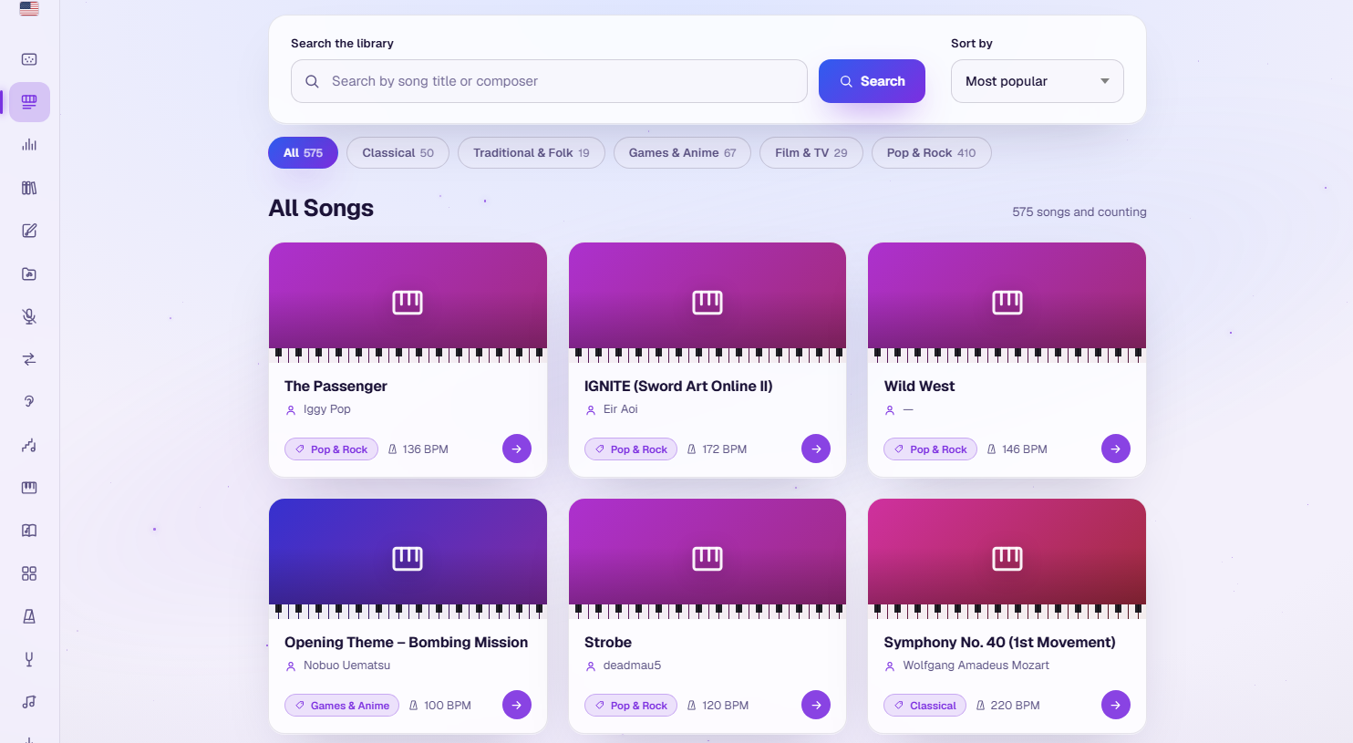 The MIDI Piano Visualizer Library browse page: a control bar with a 'Search by song title or composer' field, a Search button and a 'Sort by — Most popular' dropdown; a row of category chips with counts (All 575, Classical 50, Traditional & Folk 19, Games & Anime 67, Film & TV 29, Pop & Rock 410); the heading 'All Songs' with '575 songs and counting' on the right; and a grid of song cards, each with piano-keyboard artwork, the title, the composer, a category chip, the tempo in BPM and an arrow button.