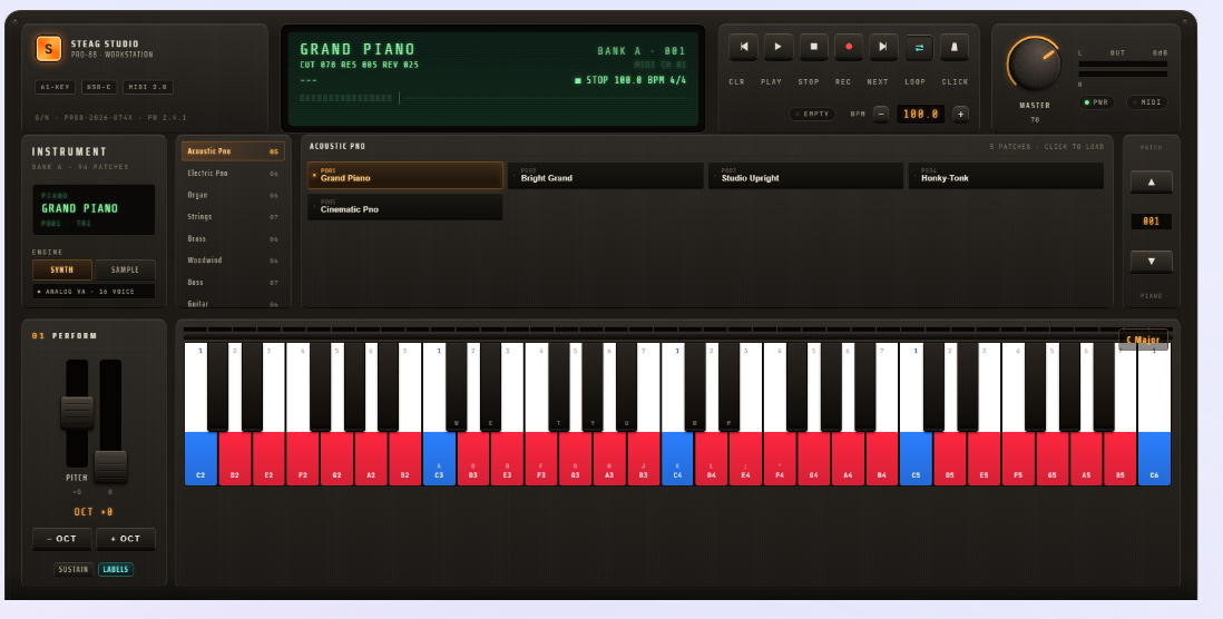The top of the STEAG STUDIO PRO-88 console: the name plate with “61-KEY”, “USB-C” and “MIDI 2.0” badges, the green LCD reading “GRAND PIANO”, “BANK A · 001”, “CUT 078 RES 005 REV 025” and “STOP 100.0 BPM 4/4”, the transport row CLR / PLAY / STOP / REC / NEXT / LOOP / CLICK with an “EMPTY” lamp and a BPM field at 100.0, the MASTER knob at 70 with L/R output meters, the INSTRUMENT module (BANK A · 94 PATCHES, the ENGINE switch SYNTH / SAMPLE, “ANALOG VA · 16 VOICE”, and the scrolling category list), the patch pane listing P001 Grand Piano to P005 Cinematic Pno, and 01 PERFORM with pitch and mod faders, OCT +0, − OCT / + OCT and the SUSTAIN and LABELS toggles beside the keybed from C2 to C6.