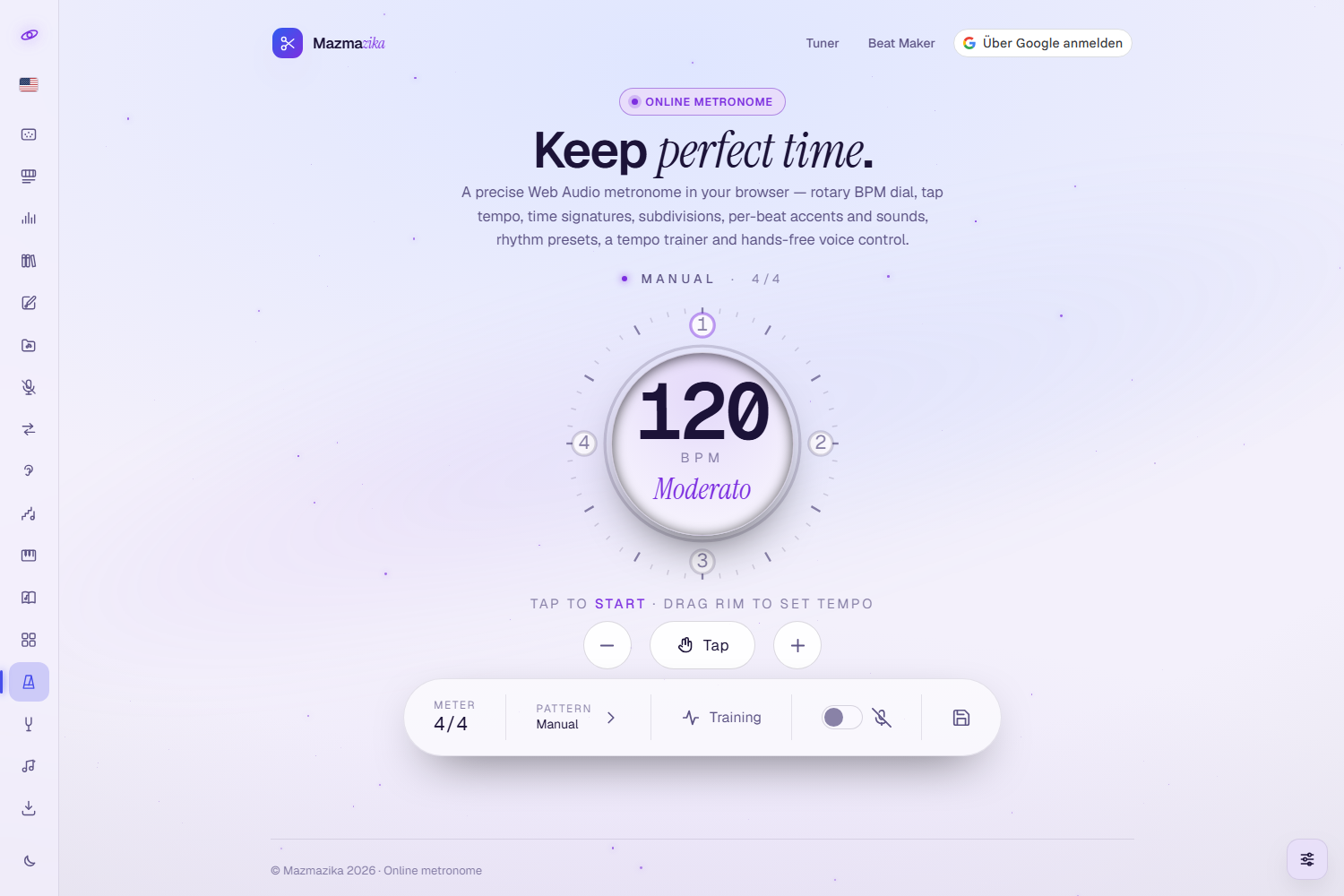 The Metronome page: the badge “Online metronome”, the heading “Keep perfect time.”, a “Manual · 4/4” line, a large circular tempo dial reading 120 BPM “Moderato” with the four beats numbered around its rim, the caption “tap to start · drag rim to set tempo”, a minus / Tap / plus row, and a dock with Meter 4/4, Pattern “Manual”, Training, a voice toggle and a save button.