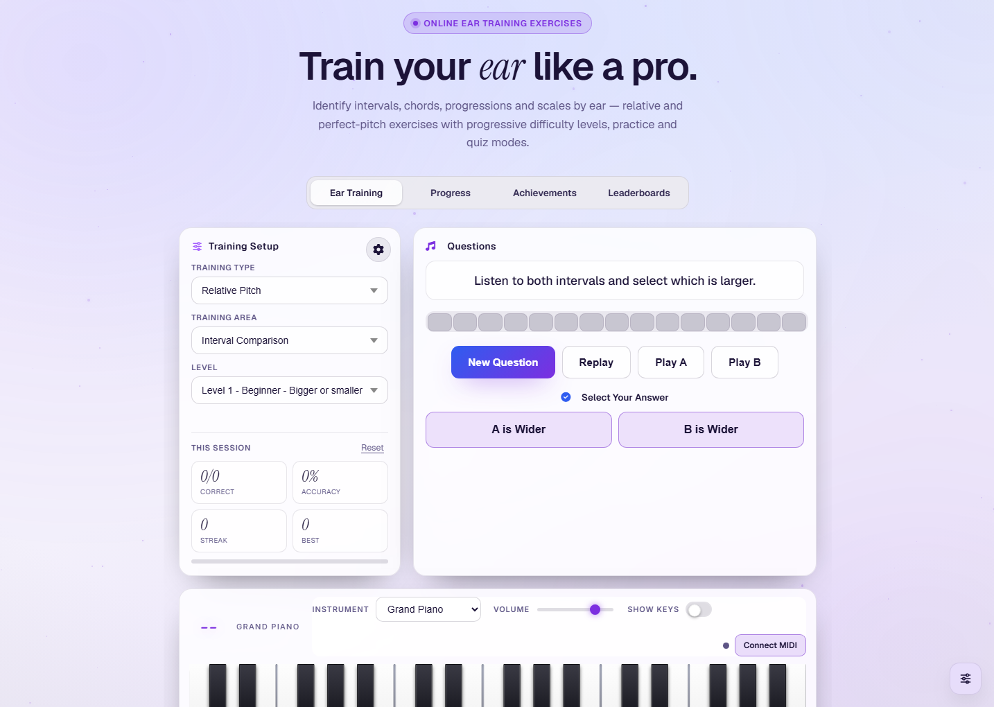 The Ear Training trainer: a tab bar (Ear Training, Progress, Achievements, Leaderboards); a Training Setup card with Training Type, Training Area and Level plus a This Session read-out; a Questions card with the prompt 'Listen to both intervals and select which is larger', a progress bar, New Question / Replay / Play A / Play B buttons and the answers A is Wider / B is Wider; and the piano strip with Instrument, Volume, Show Keys and Connect MIDI.