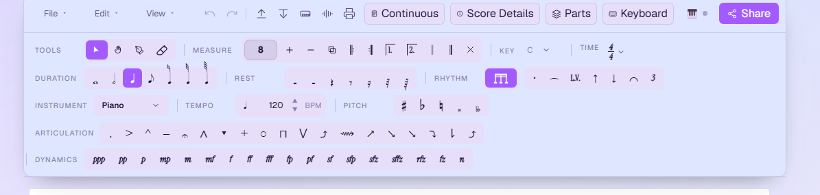 The palette under the menu bar: Tools (select, pan, note input, eraser), Measure with a bar-count field plus add, remove, duplicate, start and end repeat, volta 1 and 2, double and final barline and remove; Key C and Time 4/4 pickers; Duration and Rest rows from whole to 64th; the Rhythm cluster; the Instrument picker on Piano; Tempo showing 120 BPM; Pitch accidentals; a row of articulation marks; and Dynamics from ppp through fff to sfz and n.