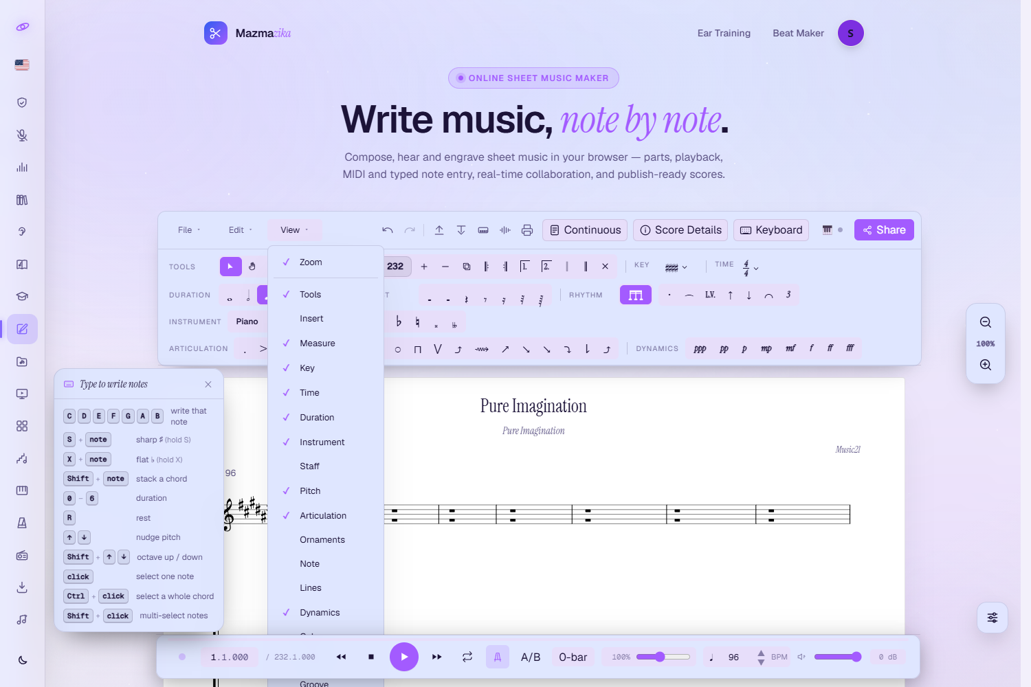 The View menu open, with checkable items for Zoom, Tools, Insert, Measure, Key, Time, Duration, Instrument, Staff, Pitch, Articulation, Ornaments, Note, Lines and Dynamics — checked groups show in the palette.